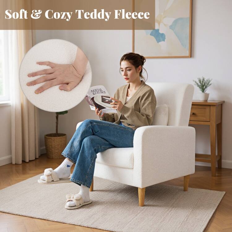 White Teddy Fleece Accent Chair with Lumbar Pillow and Wood Legs - 27.5" × 30" × 36.5"