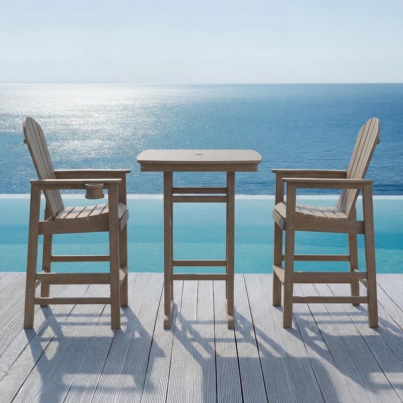 3-Piece HDPE Bar-Height Patio Set, 42.1" Square High Top Pub Table with Umbrella Hole + 2 Bar Stools with Cup Holders - Driftwood