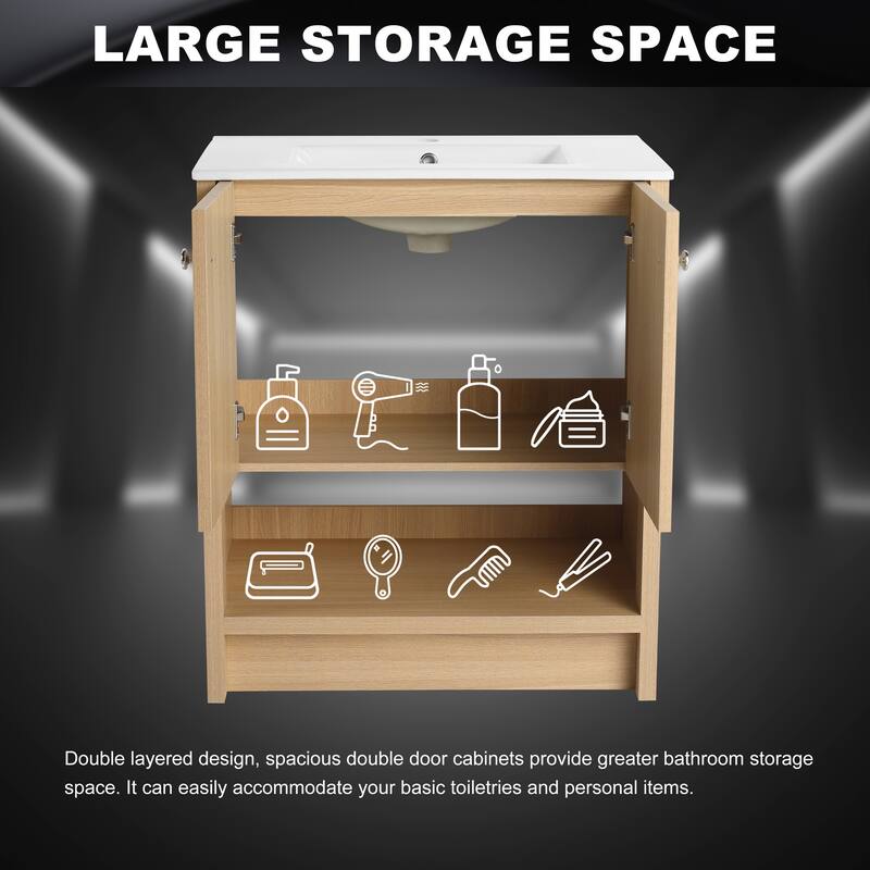 GDFStudio - Bergen Modern Minimalist Freestanding Bathroom Vanity Cabinet with Ceramic Sink, Soft Close Doors& Open Shelf - 30"