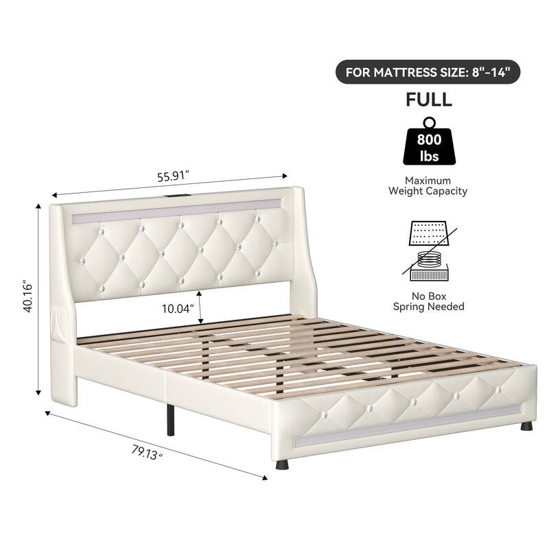 Full Size Upholstered Platform Bed Frame with Headboard, LED Lights, Charging Station, and Storage