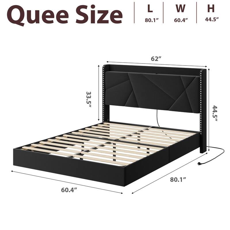 Full/Queen Floating Bed Frame with LED Lights & Charging Station, Upholstered Platform Beds with Storage Headboard