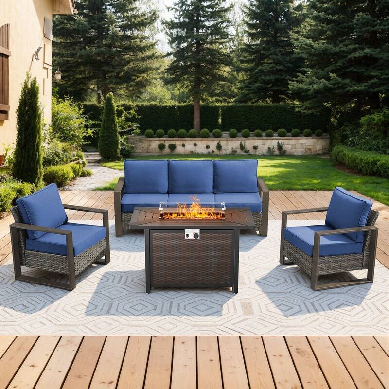 Meyreso Wicker Patio Conversation Set with Metal Fire Pit Table & Olefin Cushions