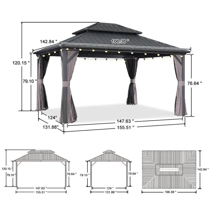 PURPLE LEAF Gazebo Outdoor Gazebo with Dual-Layer Galvanized Steel Double Roof Aluminum Gazebo with Netting and Curtains Grey