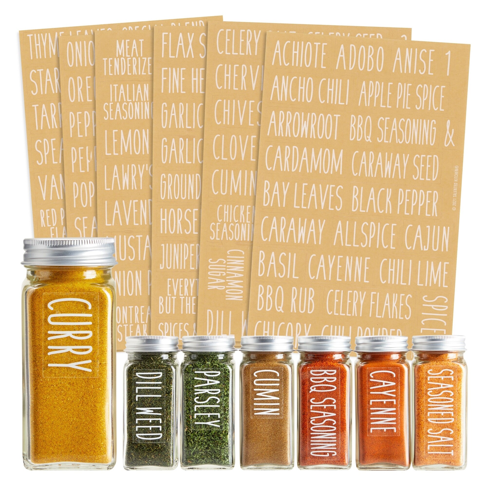 Talented Kitchen 14 Large Glass Spice Jars w/2 Types of Preprinted Spice LABELS.