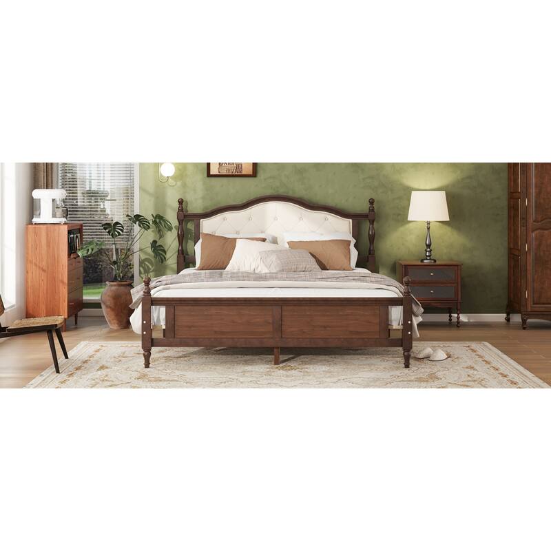 Roomfitters Queen Pine Wood Bed Frame with Upholstered Headboard and Panel Footboard, Reinforced Platform Support Design, Walnut