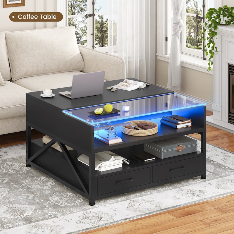 Coffee Table Lift Top 2 Drawers Hidden Compartment for Living Room