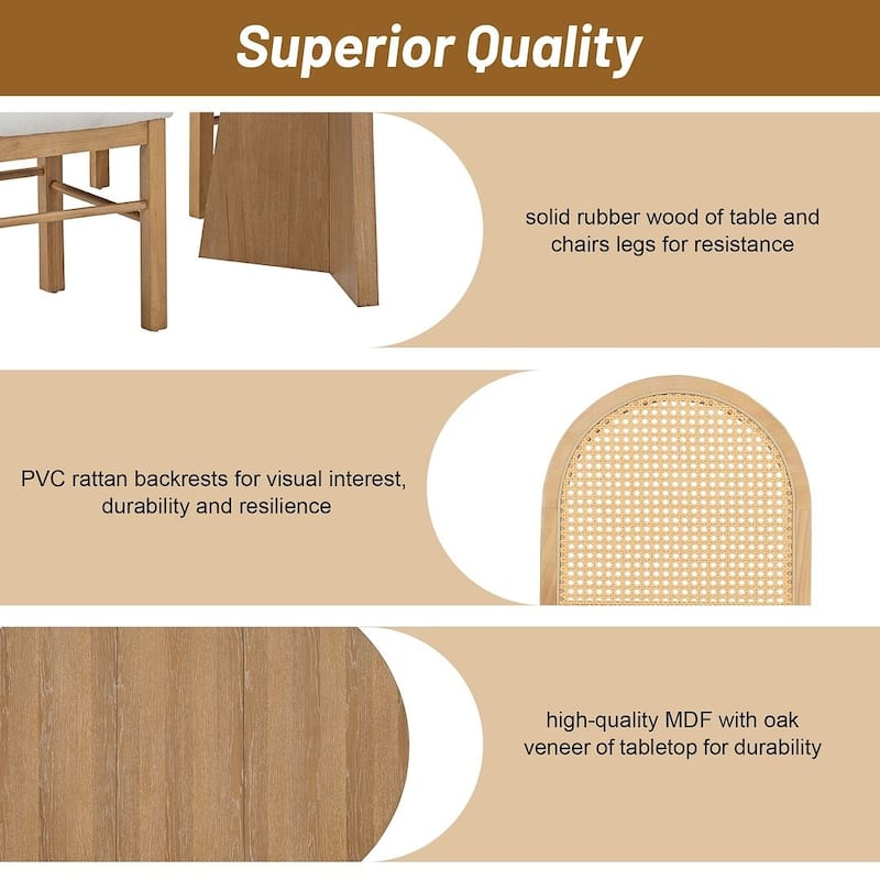 5 PCS Retro Functional Extendable Dining Set for 4 with 4 Upholstered Chairs with Rattan Backrests