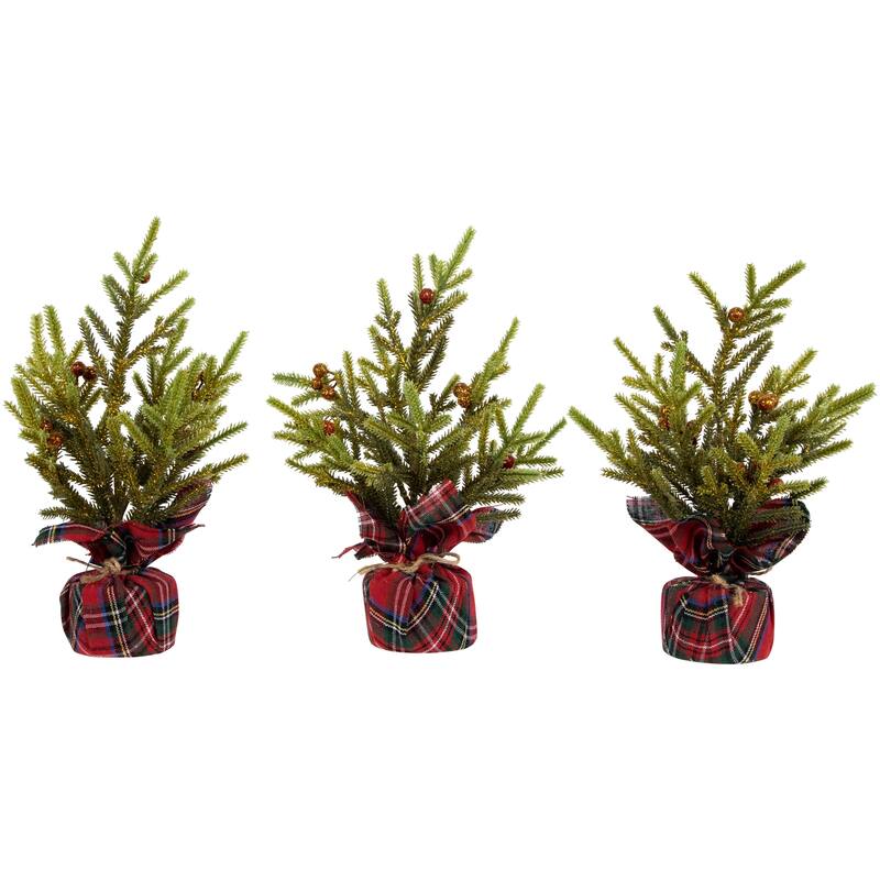 Mini Glittered Pine with Berries Artificial Christmas Trees - 9" - Set of 3