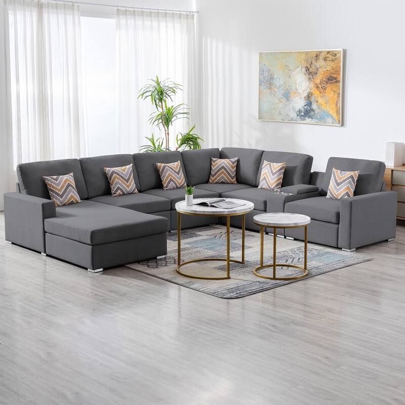 Linen Fabric 7 Piece U-Shaped Reversible Chaise Sectional Sofa with Storage Console Table and 6 Pillows