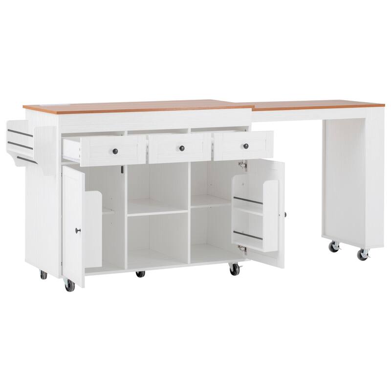 Kitchen Island with Extendable Dining Table & Power Outlet, Rolling Kitchen Island with 3 Side Open Shelves, 3 Drawers & 2 Doors