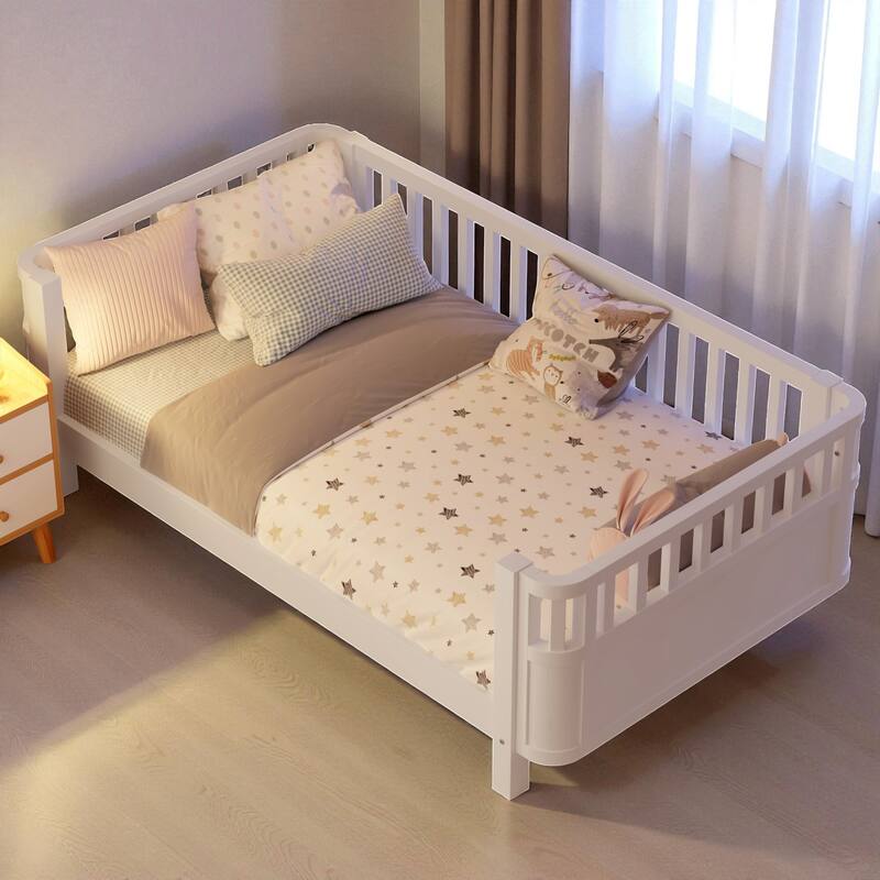 Wood Twin/Full Size Platform Bed with Safety Rails, Low Profile Kids Bed Frame for Girls and Boys