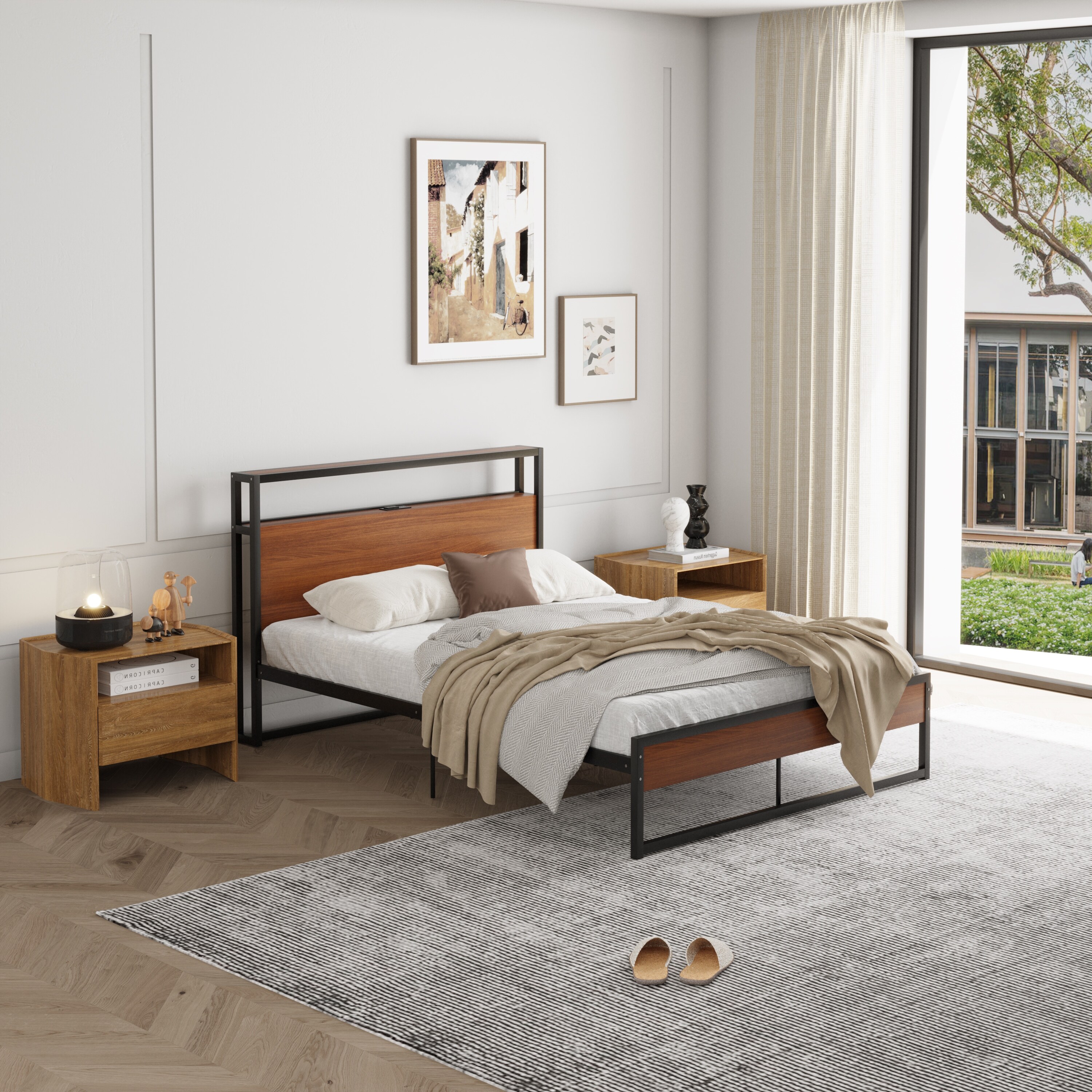 Suzanne metal and wood platform top bed frame with usb port