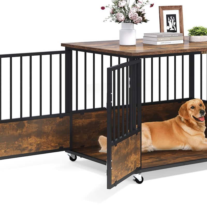 38"/43" Dog Crate Furniture Cage Table with Wheels And Double Doors