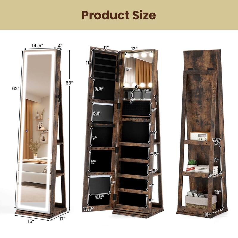 Costway 360° Swivel Jewelry Cabinet with Lighted Full Length Mirror & - See Details