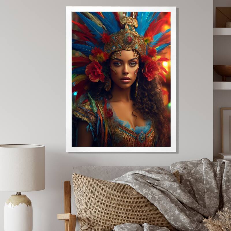 Designart "Multicolor Brazilian Spectrum of Spirit I" Fashion Woman Framed Canvas Wall Art - 16 in. wide x 32 in. high - White