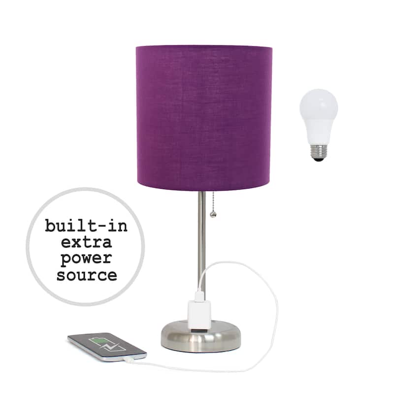 Simple Designs 9.5" Desk Lamp with Charging Outlet and LED Bulb Included - 19.50 - Brushed Steel/Purple Shade