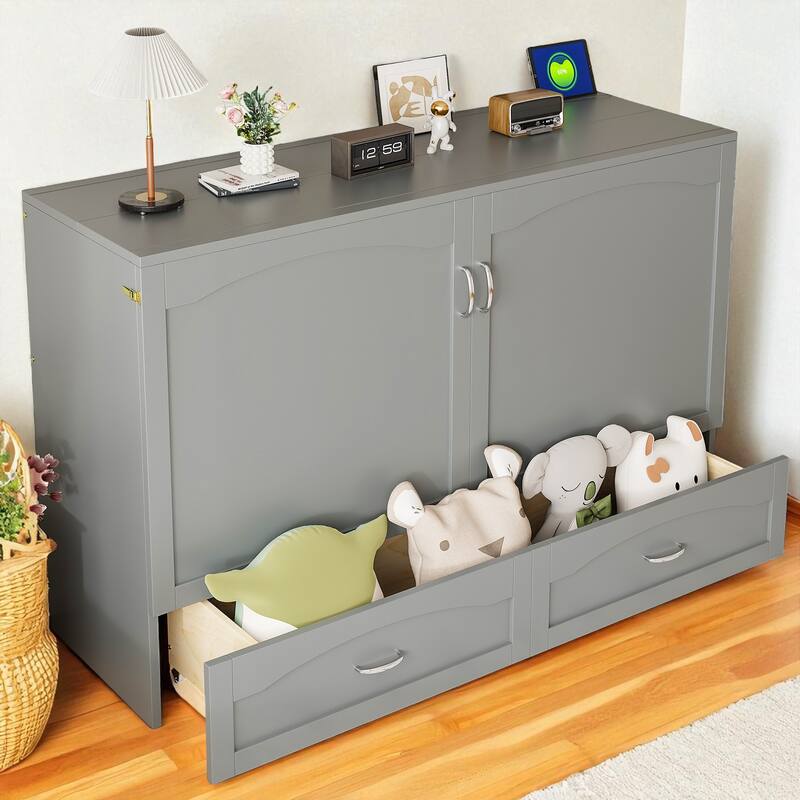 Queen Size Murphy Wall Bed with Drawers, USB & Power Sockets, Pulley Lift Design and Slat Support
