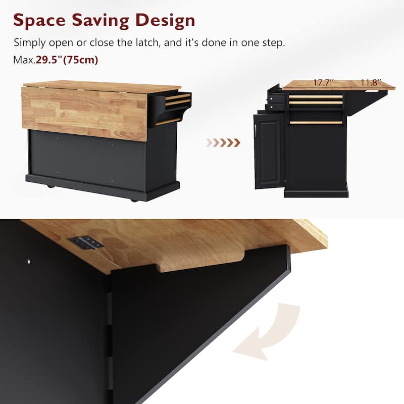 54'' Large Kitchen Island with Rubber Wood Drop Leaf, Embossed Texture Rolling Kitchen Cart on 4 Wheels with 4 Doors & 3 Drawers