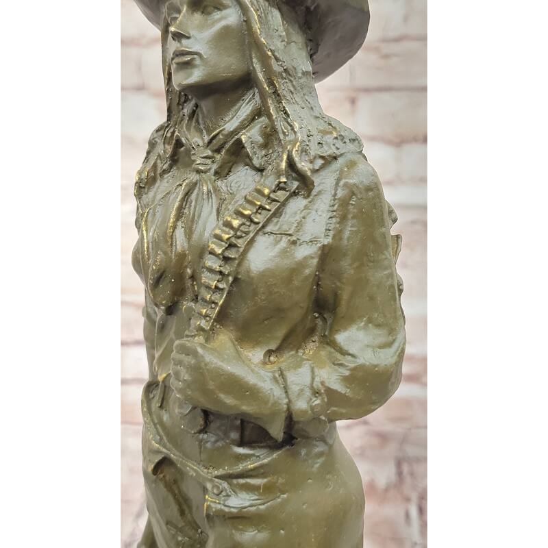 American Western Bronze Cowgirl Sculpture With Rifle And Cowboy Hat