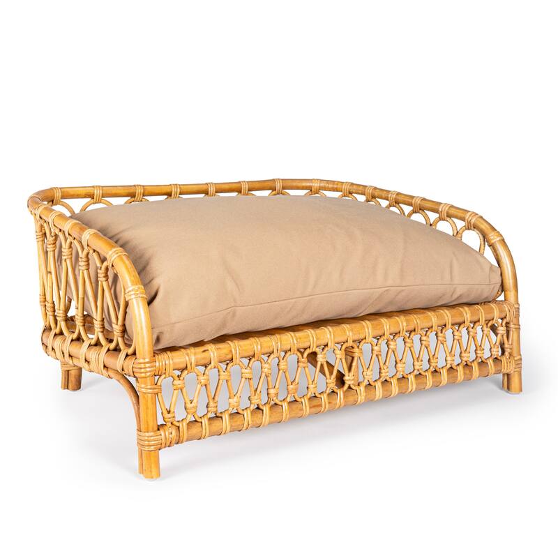 Elevated 27.5" x 17" Bohemian Handwoven Rattan Dog Daybed with Machine-Washable Cushion, Natural