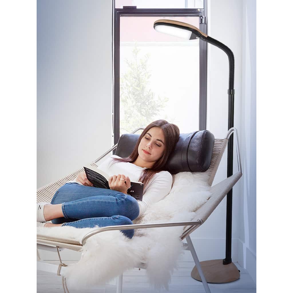 Brightech Litespan 53 in. Natural Wood Industrial Dimmable LED Floor Lamp with Height Adjustable Gooseneck Head