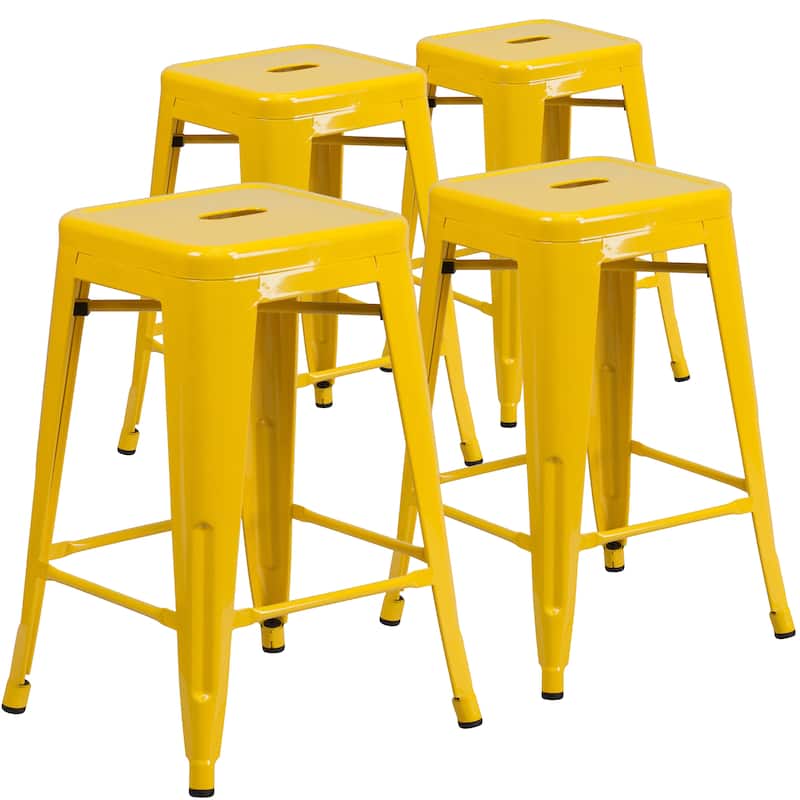 4 Pack 24"H Backless Metal Indoor-Outdoor Counter Height Stool w/Square Seat - Yellow