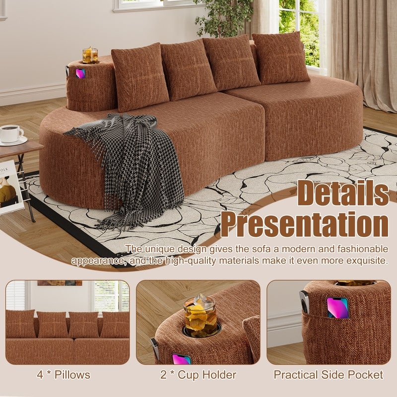 Chenille Upholstered Curved 3 Seat Minimalist Compressed Modular Sectional Sofa