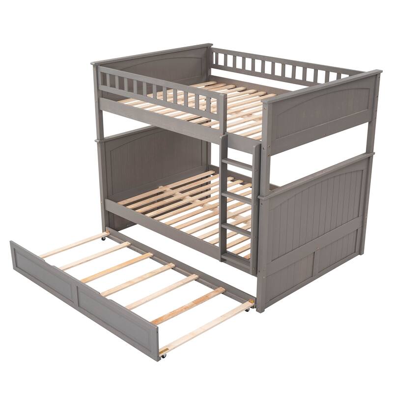Full Over Full Bunk Bed with Trundle, Detachable Pine Wood Bunk Beds