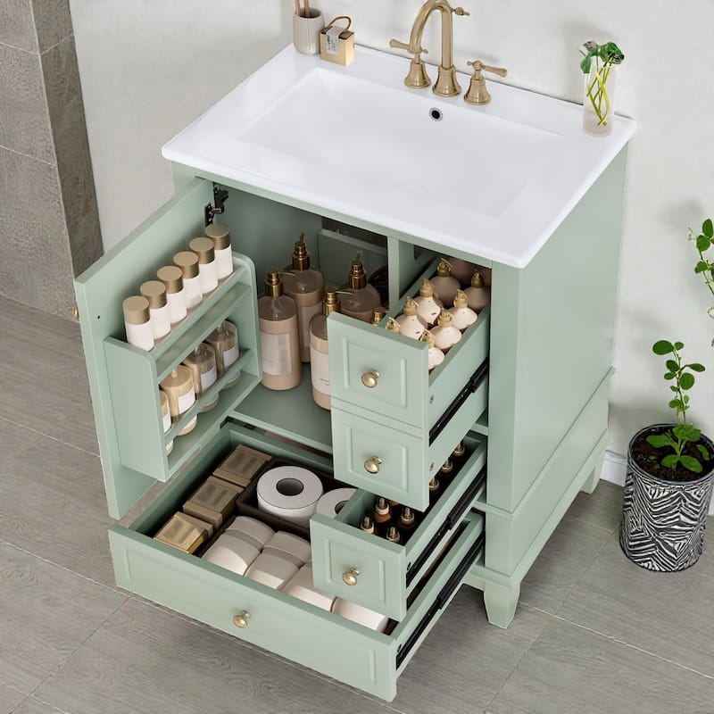 24" Green Bathroom Vanity with Ceramic Sink, Freestanding Cabinet with 3 Drawers and Side Storage Shelves