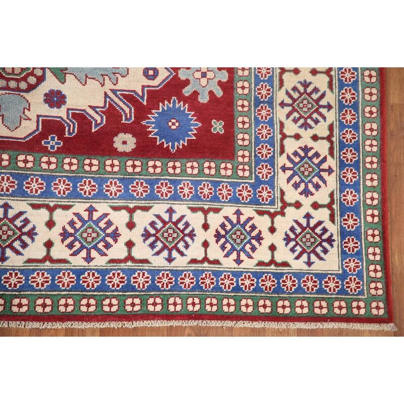 Hand Knotted Oriental 100% Wool Carpet Traditional Geometric Red Kazak Area Rug - 9' 9'' X 6' 6''