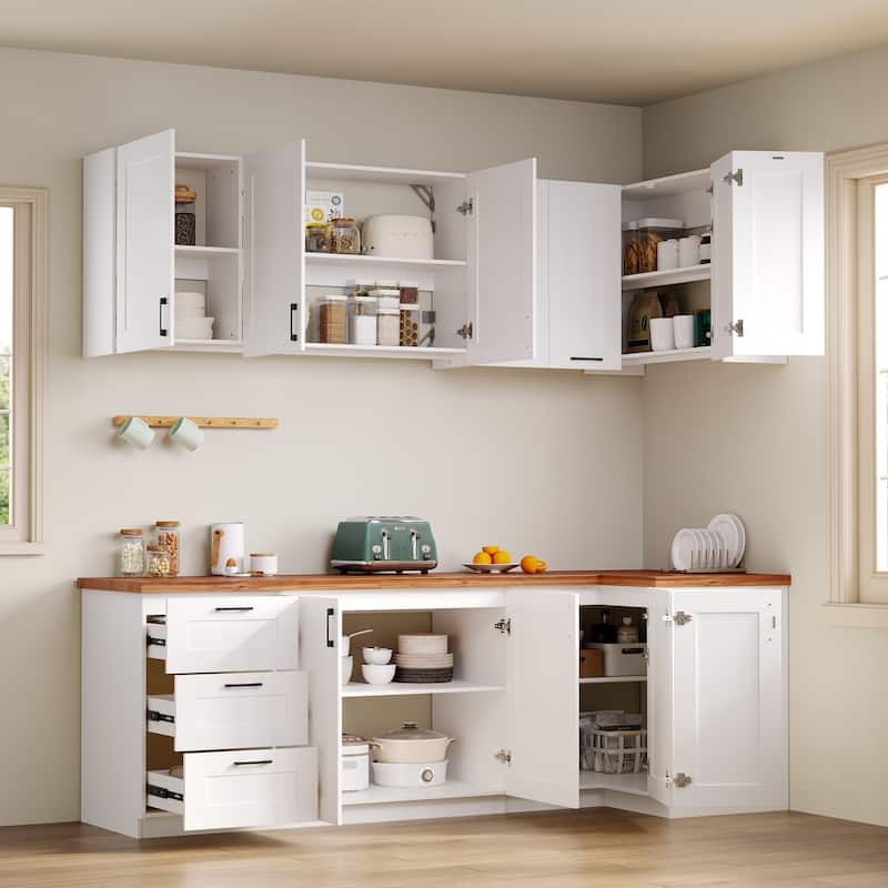 Modular White Kitchen Cabinet Set Customizable Base and Wall Cabinets Pantry Storage and DIY Countertop Design(Without desktop)
