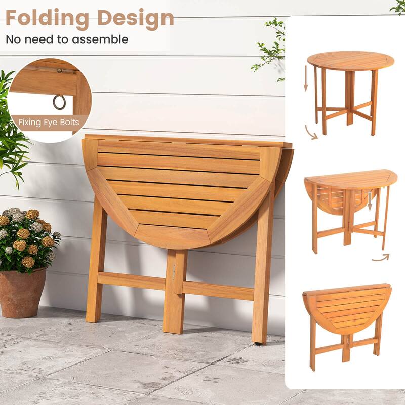 Costway 36" Outdoor Folding Round Dining Table with Slatted Tabletop - Teak - See Details