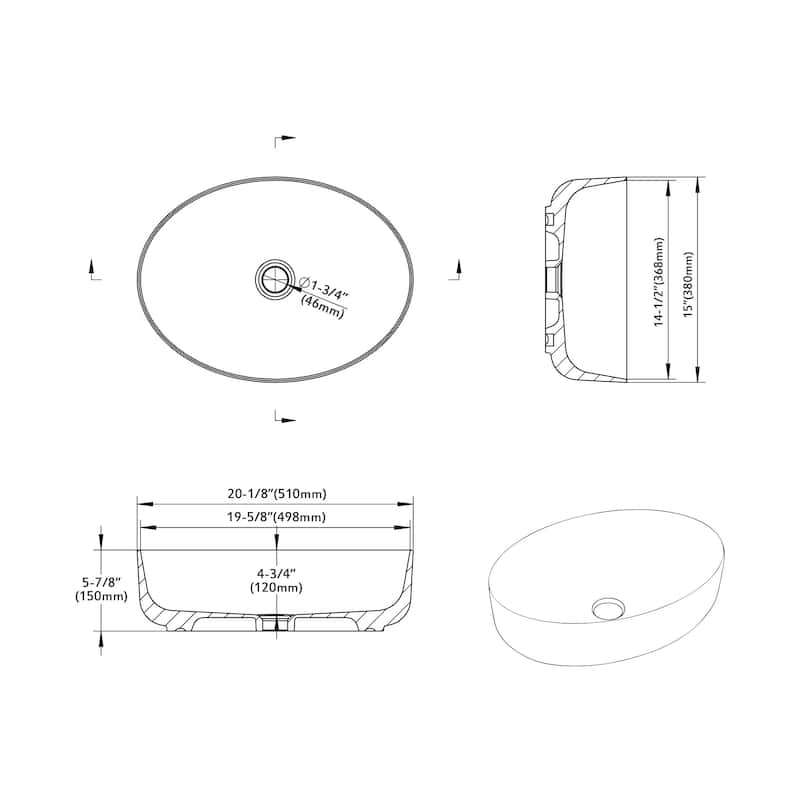Dowell Ceramic Vessel Sink, Oval, Gloss White - 20Wx15Dx6H