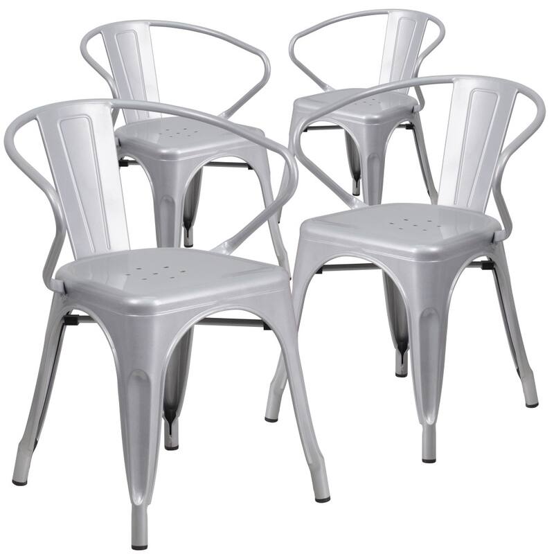 4 Pack Metal Indoor-Outdoor Chair with Arms - Silver