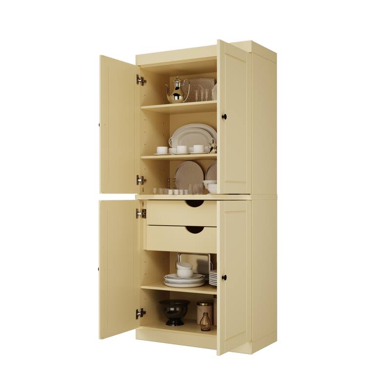 Solid Wood Tall Freestanding Kitchen Pantry Cabinet with Doors & 2 Drawers, Adjustable Shelves, Modular Storage, 32" W x 71.5" H