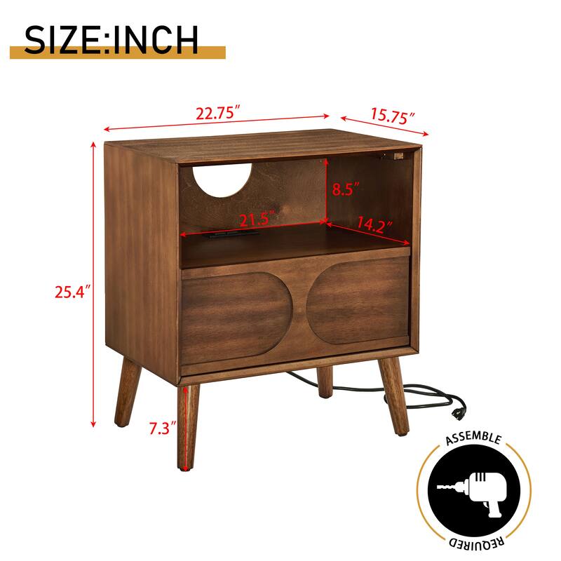 Mid Century Modern Nightstand with USB Ports & Outlet Hole & 4 Solid Wood Legs, End Table with Open Space and Drawer