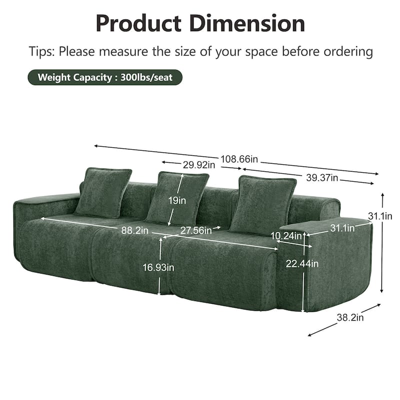 Streamlined Design Modular 3 Seat Boneless Velvet Fabric Sofa - 8' x 10'