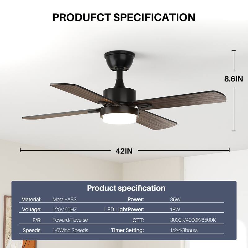 Modern Farmhouse Large Ceiling Fan with Integrated Light and Remote, Ceiling Fan with Timer and 6-speed Wind