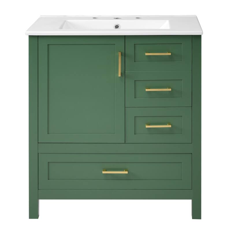 30" Bathroom Wood Storage Vanity Cabinet with Ceramic Sink, 3 Drawers