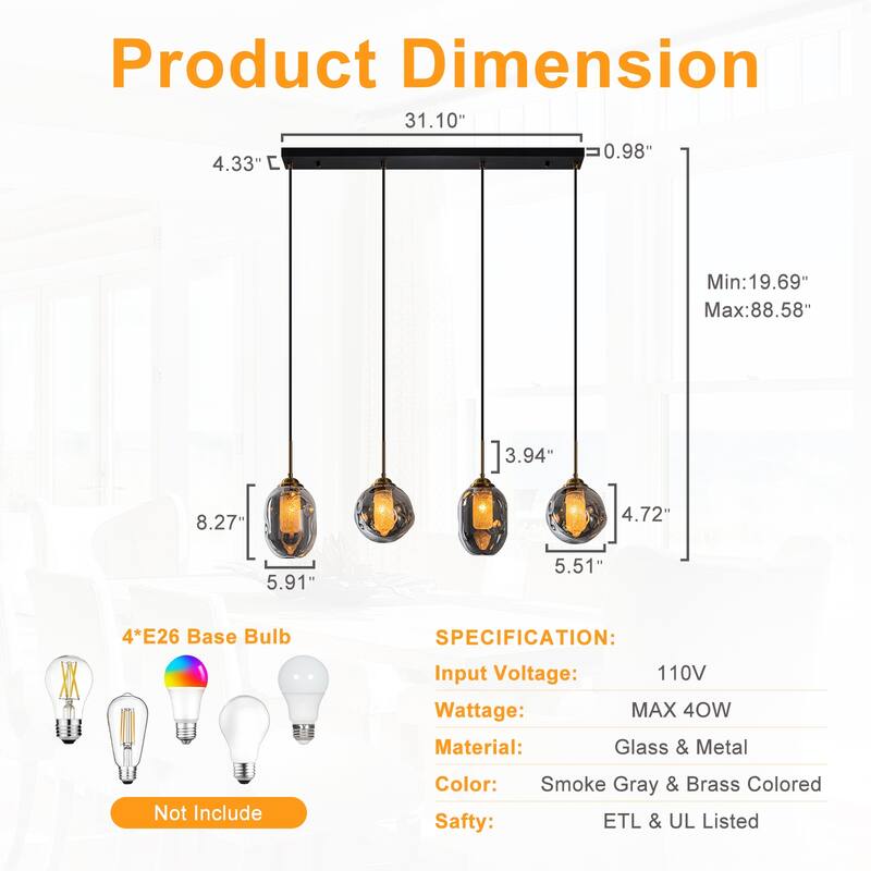 38.6" 4-Light Smoked Glass Linear LED Pendant Light for Kitchen Island