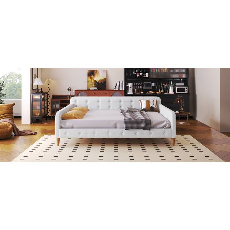 Roomfitters Full Size Upholstered Daybed, Mid-Century Modern Fabric Sleeper Sofa Bed with Tapered Wood Legs, Beige