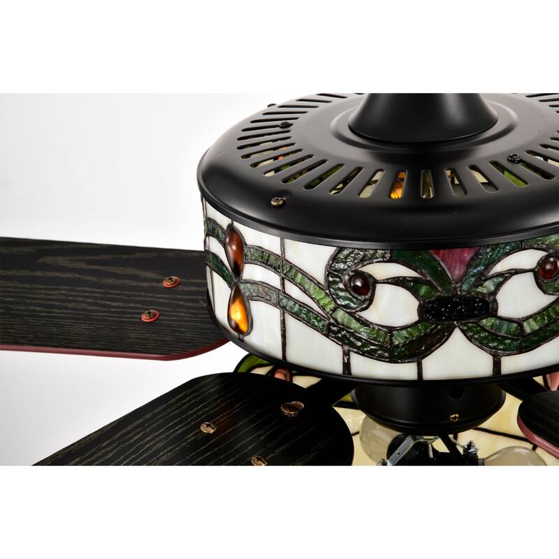 Elke Black Tiffany Style Two Tiered Lighted Ceiling Fan White and Green Shade with Remote Control - WhiteGreen