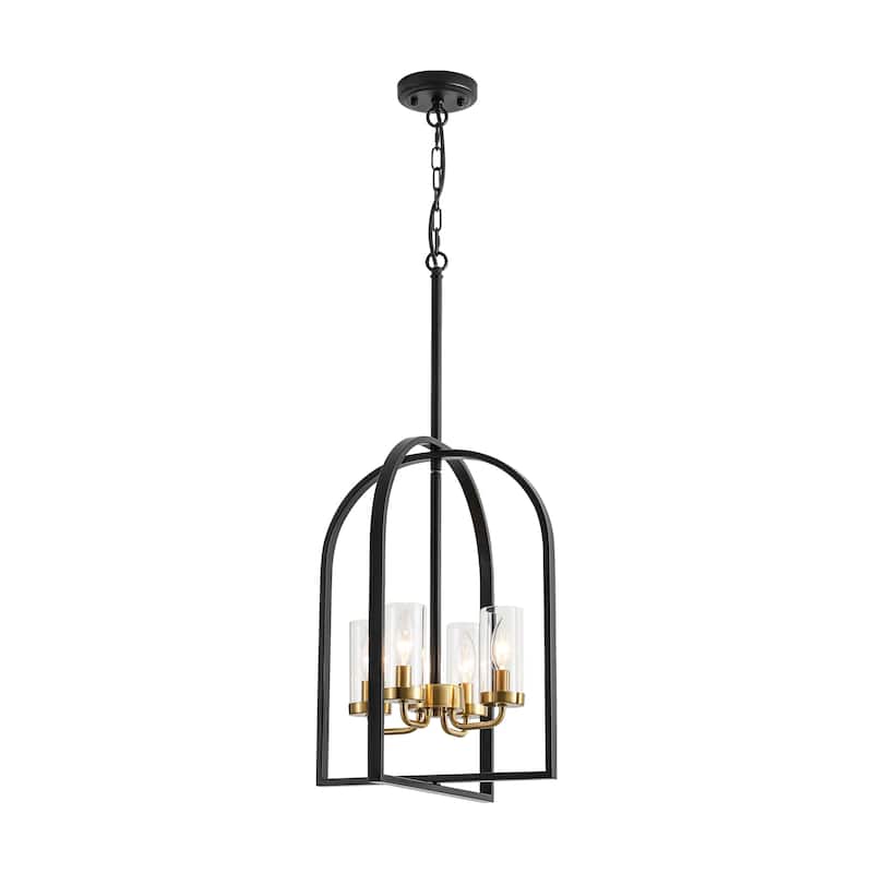 4-Light Farmhouse Industrial Matte Black Lattern Cage Chandelier with Clear Glass Tube for Use in Kitchen Island, Dining Room