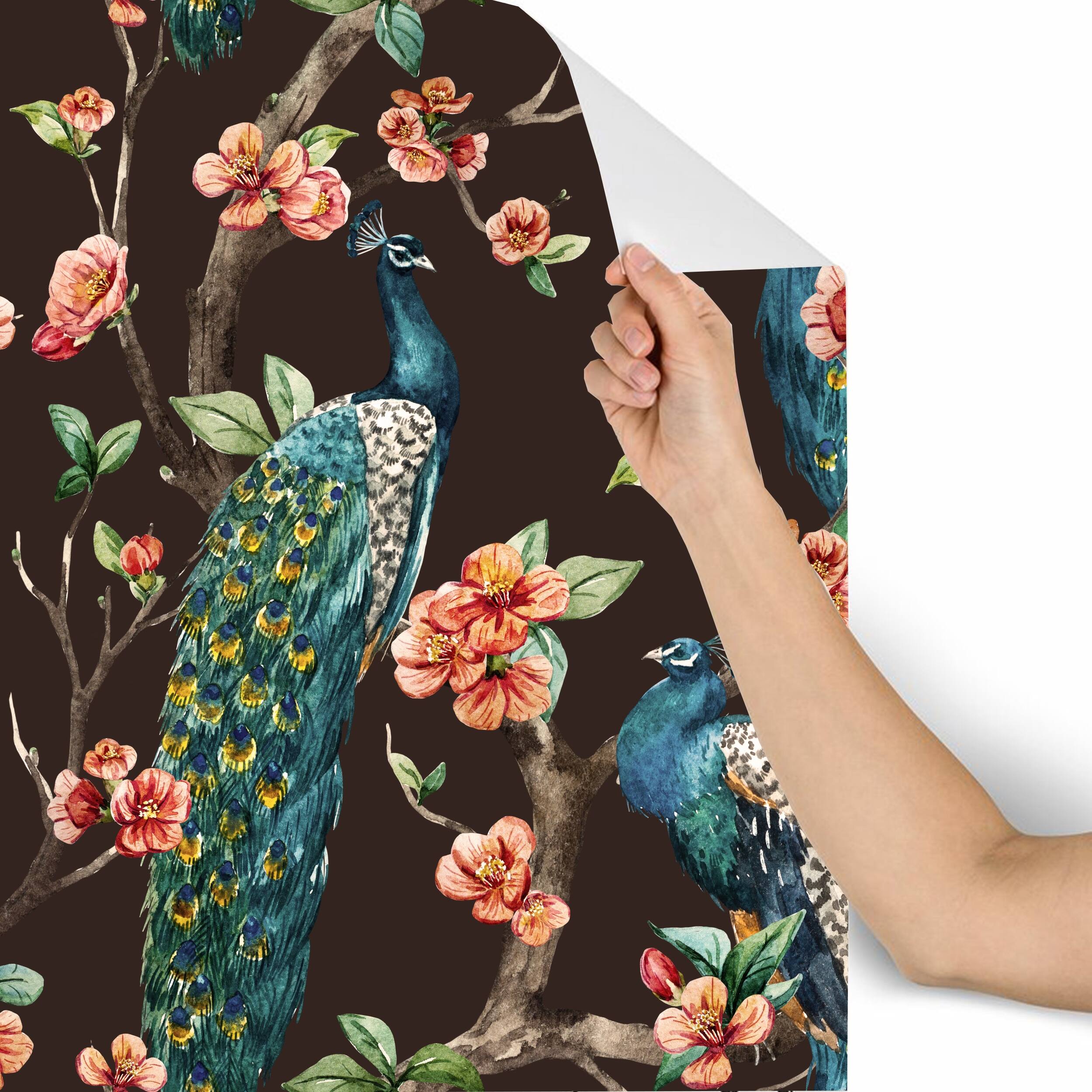 Bournie Watercolor Peacocks Peel and Stick Wallpaper 10'ft H x 24