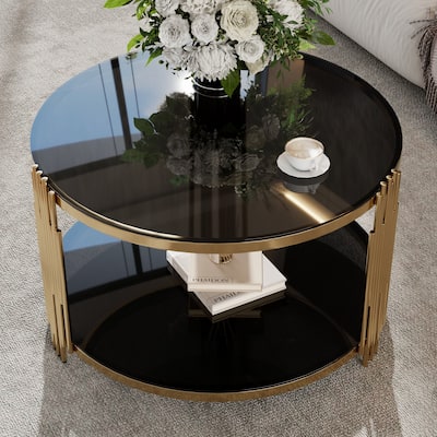 Modern Black Mirror Coffee Table, Asymmetrical Metal, Circular Metal Drum Base, Gold Finish & Lower Shelf
