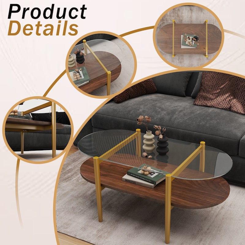 Modern Coffee Table with Clear Glass Top, Capsule Shape 2 Tier Center Table with Wood Shelf and Metal Legs for Living Room