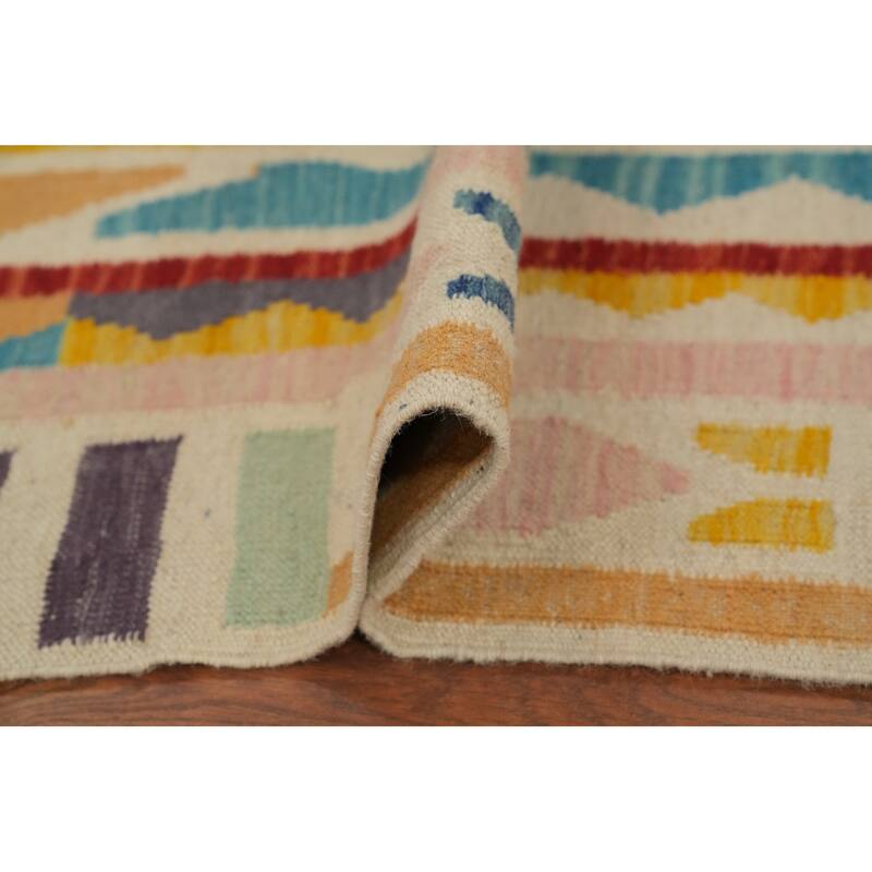 Hand Woven Oriental 100% Wool Carpet Southwestern Tribal Multi-Colored Kilim Runner Rug - 12' 0'' X 2' 8''