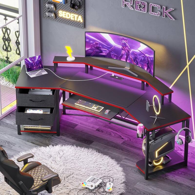 79" L Shape Gaming Desk Computer Desk 2 Fabric Drawers & LED Light - Black/Red