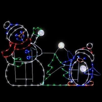 Puleo International 3.5' Snowman with Penguin Outdoor Christmas Decor with 197 Multi-Color LED Lights with Motion - White