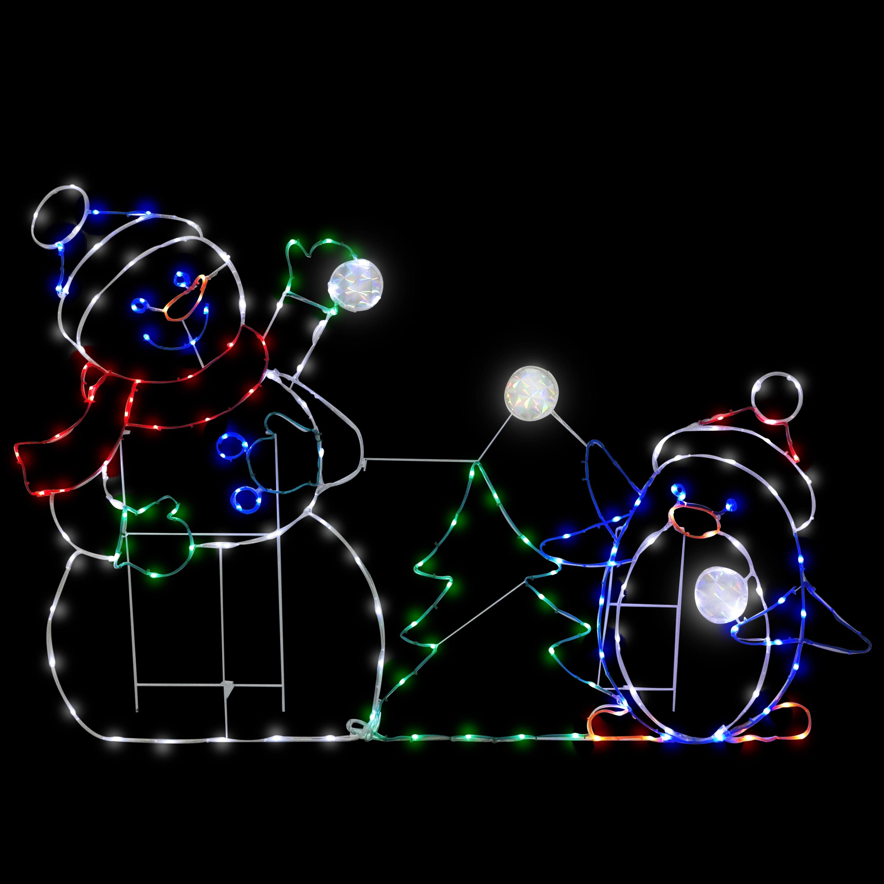 Puleo International 3.5' Snowman with Penguin Outdoor Christmas Decor with 197 Multi-Color LED Lights with Motion - White